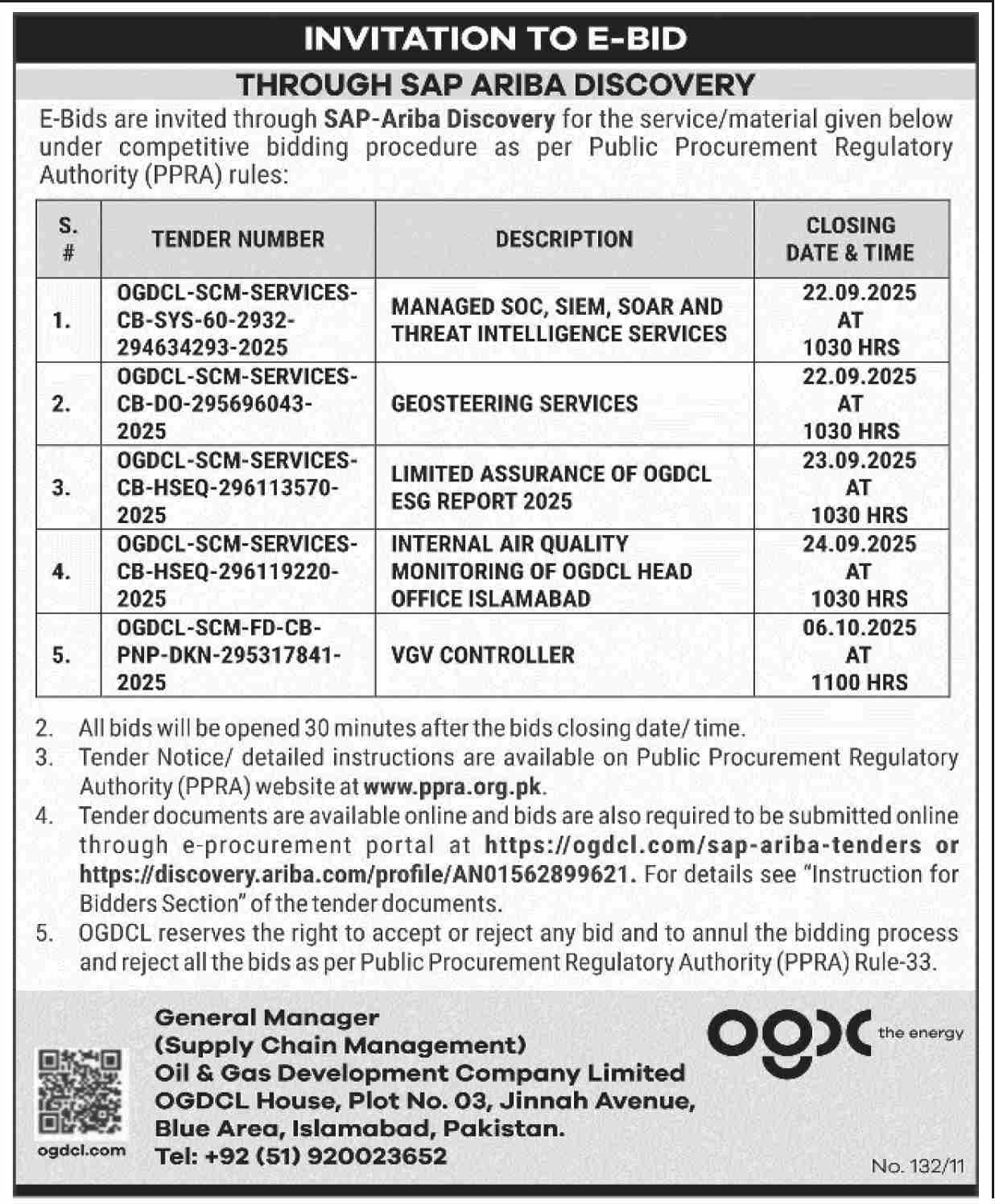 Oil & Gas Development Company Limited Islamabad Tender Notice